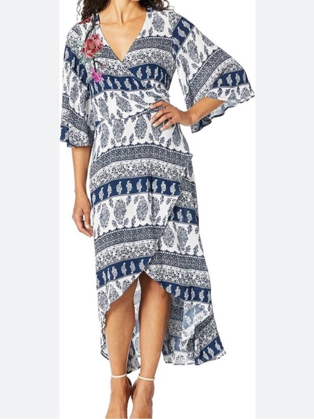 Tribal Femme Blue and White Boho Faux Wrap Printed Maxi Dress Size M